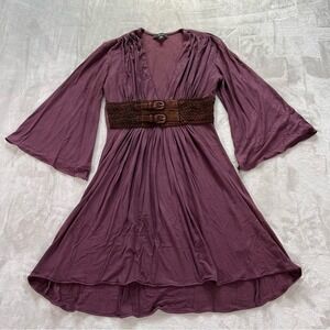 Sky Y2K Purple Bell Sleeve Mini Dress Deep V-Neck Belted Boho Plum Womens M Goth